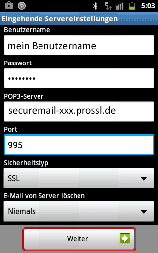 Emailkonto einrichten Android POP3 SSL Schritt 5 Emailkonto einrichten Android POP3 SSL Schritt 5