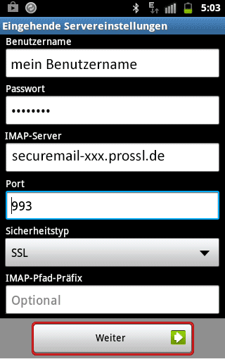 Emailkonto einrichten Android IMAP SSL Schritt 5