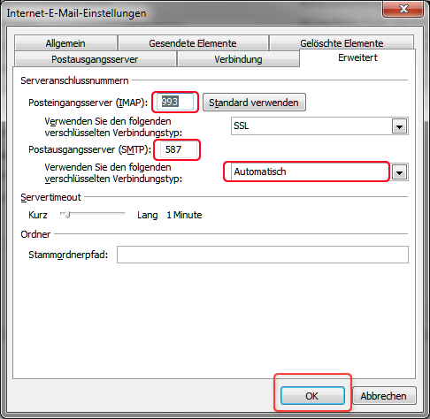 Emailkonto einrichten Outlook IMAP SSL Schritt 6