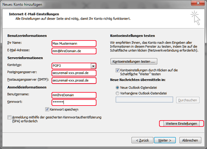 Emailkonto einrichten Outlook POP3 SSL Schritt4