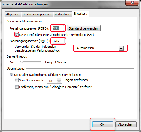 Emailkonto einrichten Outlook POP3 SSL Schritt6
