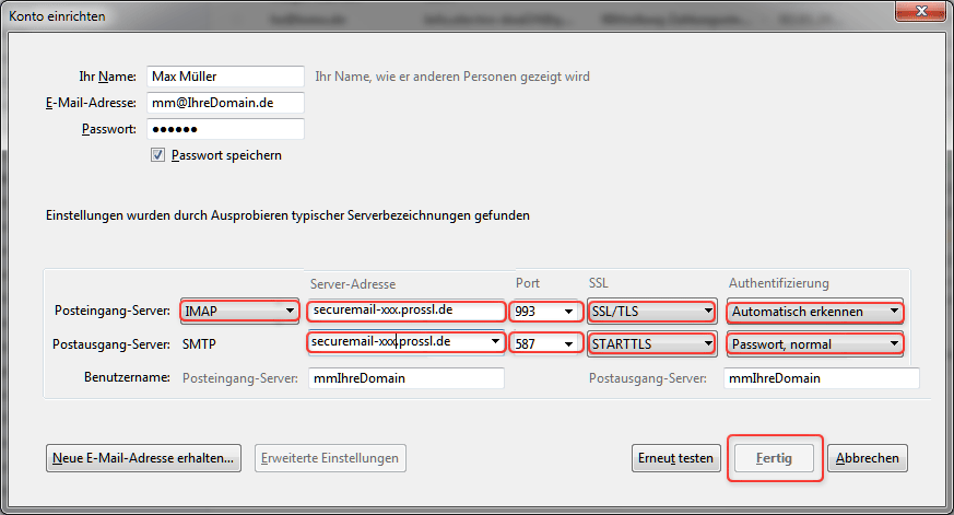 Emailkonto einrichten Thunderbird IMAP SSL Schritt 2
