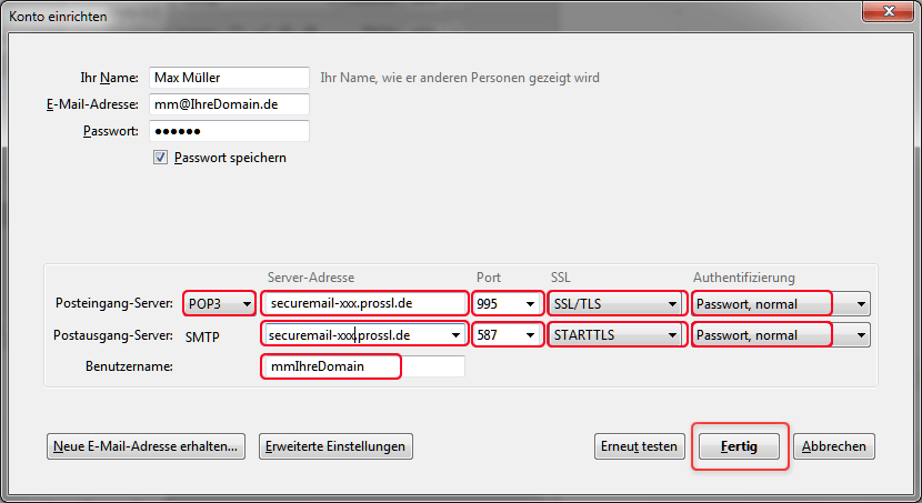 Emailkonto einrichten Thunderbird POP3 SSL Schritt 2